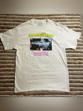 Anti Social Social Club Cream Tee with Yellow Goodyear & Pink Logo